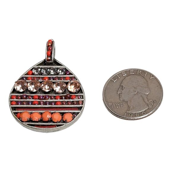 Handmade Artisan Pink Beads & Rhinestone Silver Metal Necklace Pendant - Picture 3 of 4